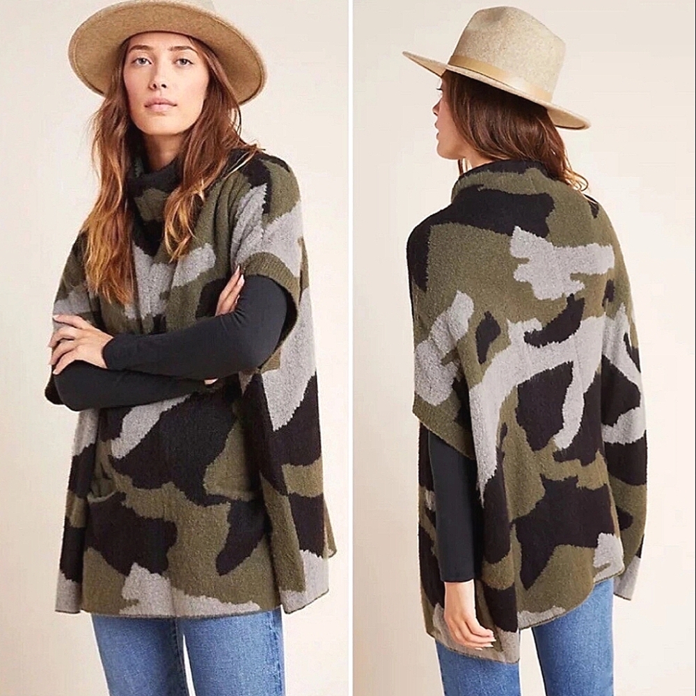 Anthropologie Olive Green Black Gray Camouflage Poncho Sweater